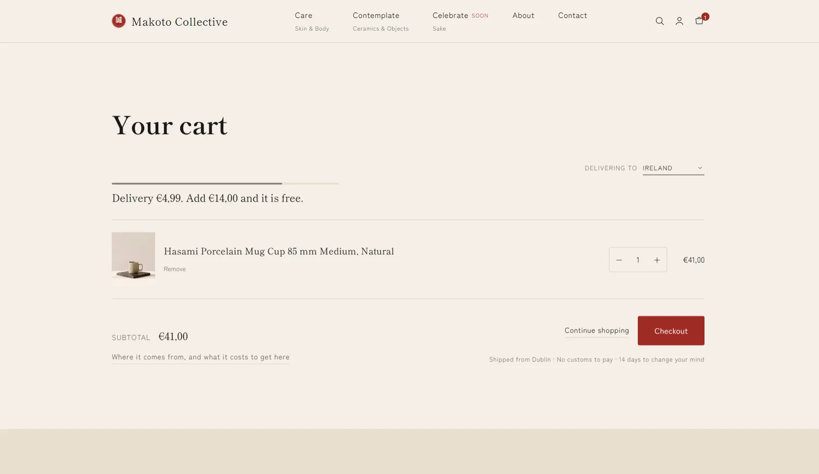 Makoto Collective: Cart: destination country, how much is missing for free delivery, and 14 days to change your mind.