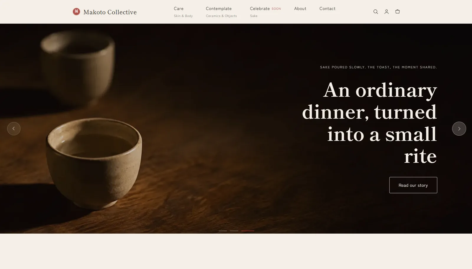 Makoto Collective: Home page: a full-bleed carousel that opens on the objects rather than on an offer.