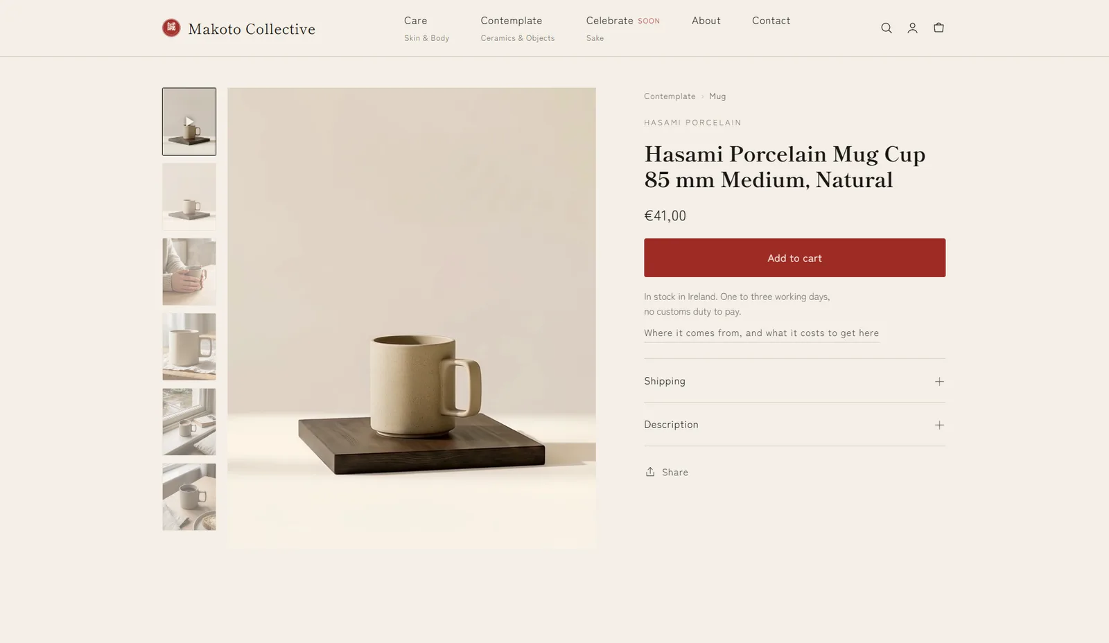 Makoto Collective: Product page: “in stock in Ireland, no customs duty to pay” sits beside the price, not in a policy page.