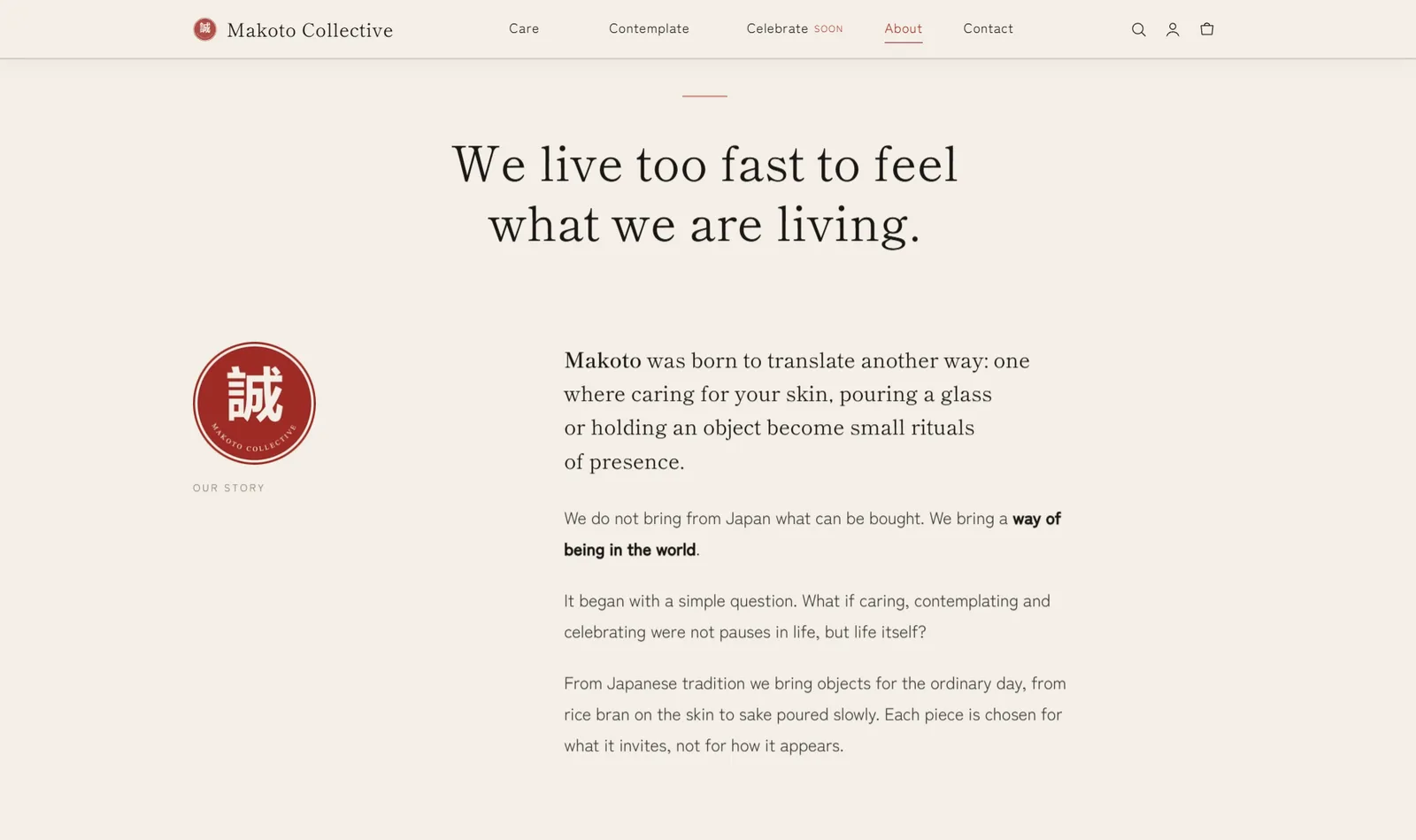 Makoto Collective: The story page states the brand's position before it sells anything.